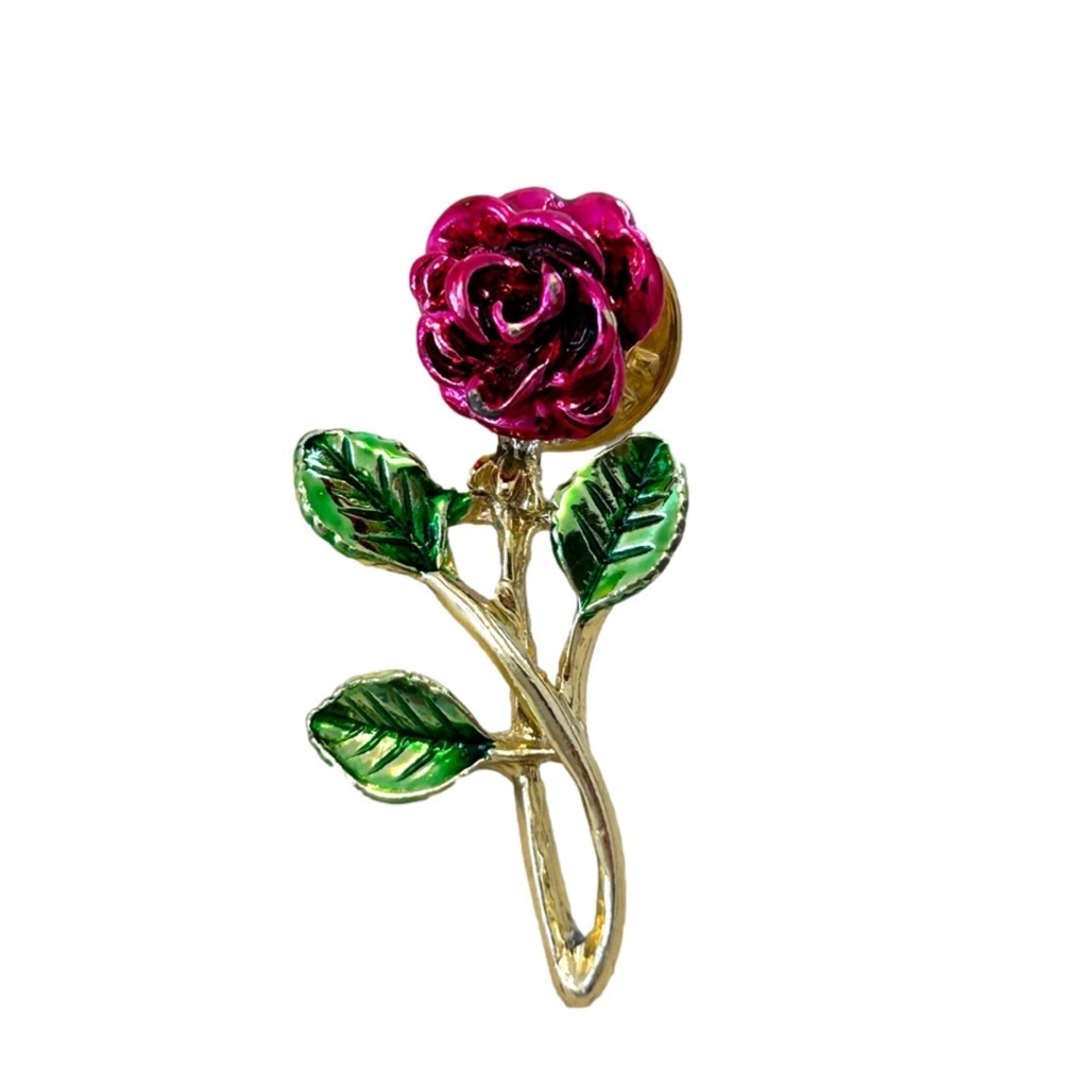Vintage Single Rose Reddish Pink And Green Lapel Tack Pin Gold Tone